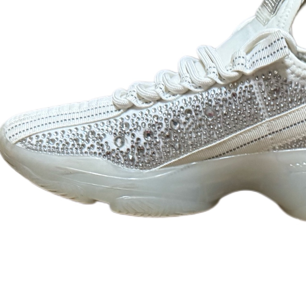 Steve Madden women's Maxima rhinestone-embellished knit sneakers in white. - Picture 13 of 15